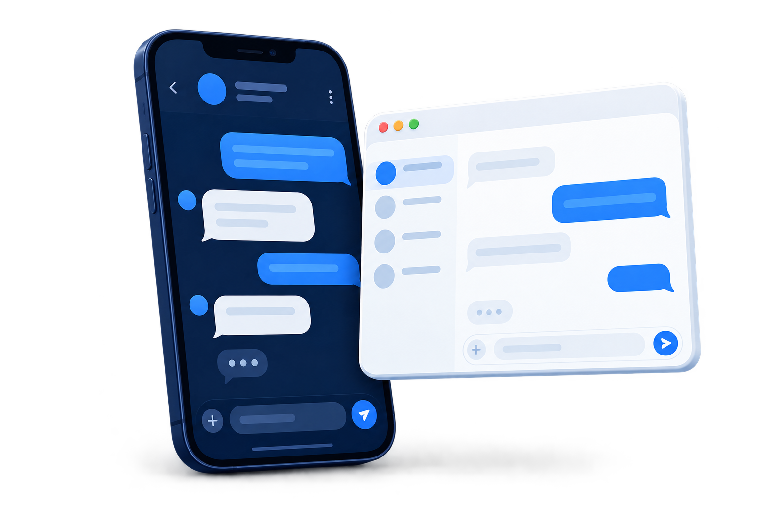 Ilustração de uma conversa do site sendo recebida em um celular com mensageiro